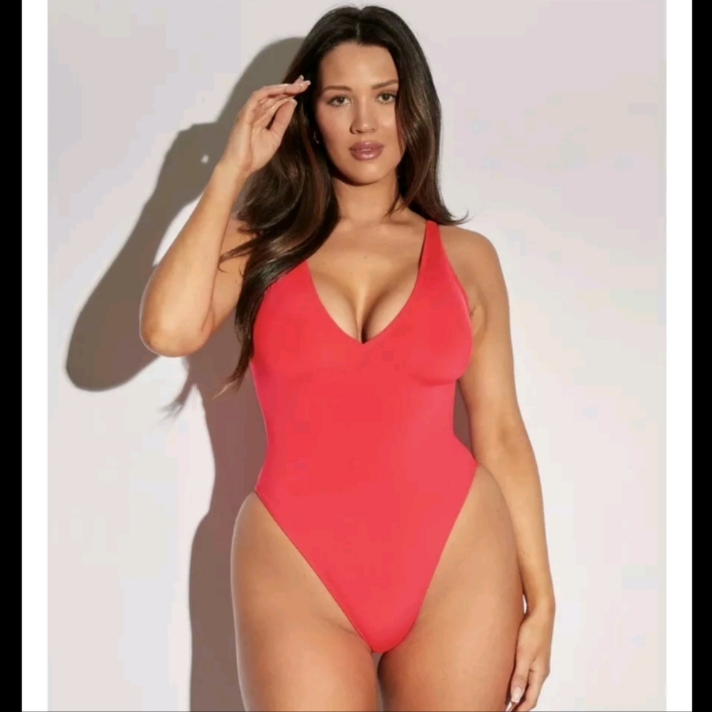 TA3 HI CUT Plungey Hot Coral Women's Swimsuit Size Large Reg|  NEW W tags